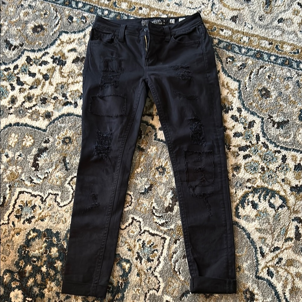 Black Distressed Jeans from miss me , skinny , 27